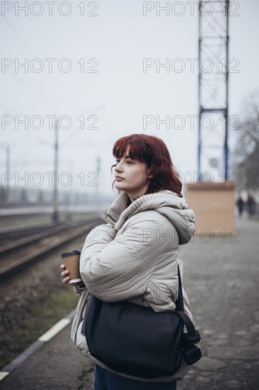 A young woman in a puffer jacket holds a coffee cup, waiting at a train station on a foggy winter day. The atmosphere is calm and introspective
