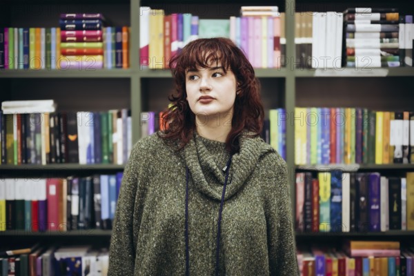 A young woman with curly hair, wearing a green sweater, stands ponderatively near a bookcase filled with colorful books