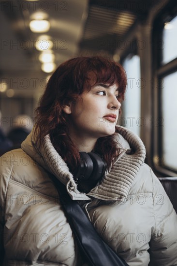 A young woman in a warm jacket and headphones sits on a train, gazing out the window with a thoughtful expression. The scene captures a moment of quiet reflection and travel