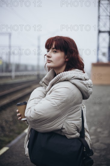 A young woman in a white coat stands at a train station, holding a coffee cup. The scene is foggy, creating a serene atmosphere, perfect for depicting travel or waiting themes