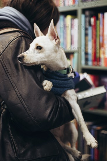 A small dog in a blue sweater is lovingly held by a young woman in a leather jacket, creating a warm moment among colorful books in a cozy bookstore setting