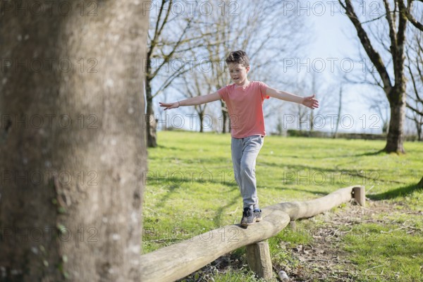 A young boy skillfully balances on a log in a sunlit park. Trees surround him, and there a vibrant green landscape, capturing a joyful outdoor adventure