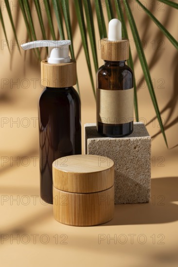 Aesthetic display of cosmetic bottles on a beige background. Featuring bamboo accents and a minimalist design, this scene exudes natural elegance and modern style