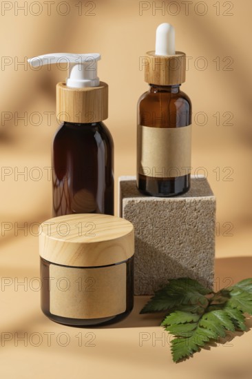 A sleek arrangement of cosmetic bottles on a beige background, featuring elegant packaging with natural elements, conveying a minimalistic and eco-friendly aesthetic