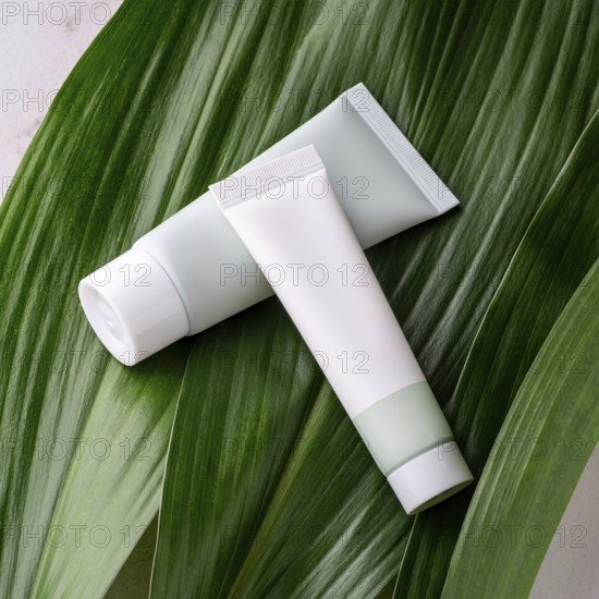 Two unbranded cosmetic tubes rest on a vibrant green tropical leaf, symbolizing eco-friendly and natural skincare beauty products