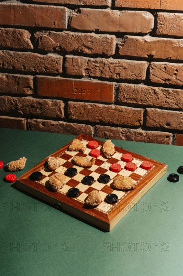 A checkers board on a green surface features chicken nuggets as game pieces. Set against a rustic brick wall, the scene combines food and classic board game aesthetics