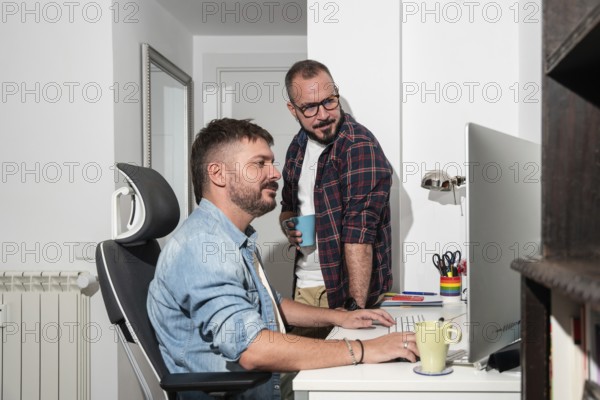 Two gay men collaborate in a cozy home office, mixing work with casual interaction. One sits at a desk while the other stands beside him, both focused and in good spirits