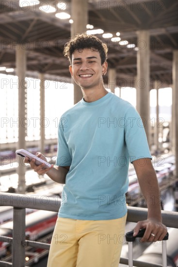 A cheerful young man stands at a train station, holding a phone and a suitcase. He is smiling and wearing a casual bright outfit, with trains visible in the background