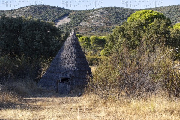 Traditional straw-roofed cabin nestled in the dry grasslands of Cabaneros National Park at sunset, with rolling hills and dense foliage in the backdrop, located in Montes de Toledo, Spain