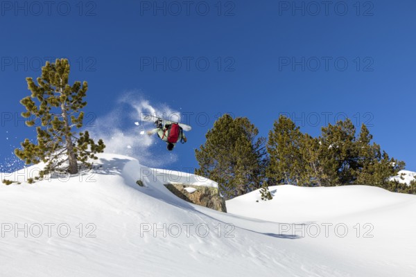 A snowboarder performs a backflip against a clear blue sky in a snow covered mountain landscape. Fresh powder and evergreen trees create a perfect winter sports scene