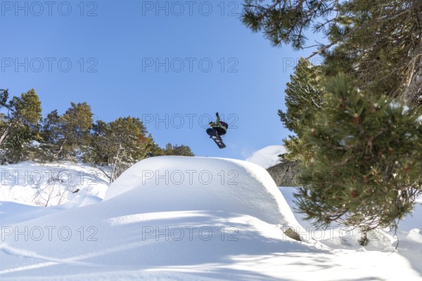 A snowboarder soars through the clear blue sky, performing an aerial trick above a snowy mountain landscape surrounded by evergreen trees. The scene captures the thrill of winter sports