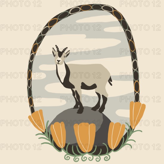 This illustration presents a neoprimitive design with a desert vibe, showcasing a stylized goat surrounded by floral and ornamental elements, creating a unique art piece