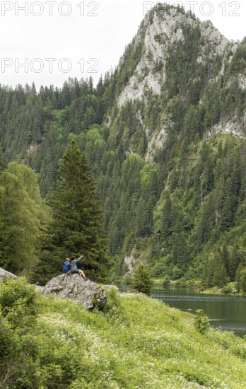 A picturesque view of Lake Taney in Switzerland, highlighting its lush green forests, a calm lake, and towering mountains Sitting on a rock are two nature lovers and adventure seekers