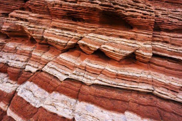 Close-up of vibrant and intricate red rock layers with distinctive white lines, showcasing natural geological textures and stratifications