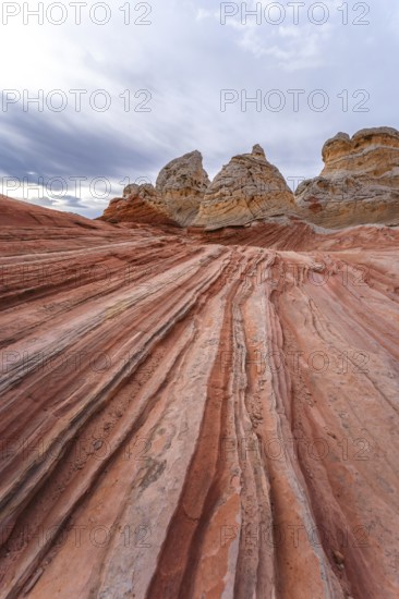 Vibrant and textured red rock formations stretch under a cloudy sky at White Pocket in Arizona, USA, showcasing nature's artistry in stone