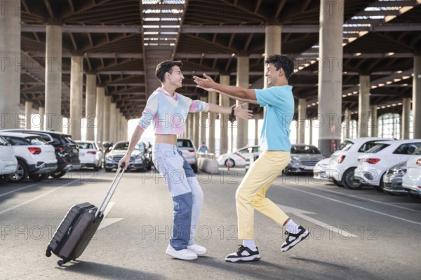 A cheerful gay couple reunites in a spacious parking lot, one carrying a suitcase. They are embracing, expressing happiness and love in a lively urban setting