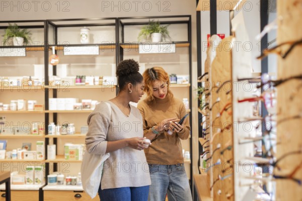 Two women browse a modern boutique, discussing a skincare product while using a smartphone. The store features stylish eyewear displays and shelves stocked with beauty and wellness items