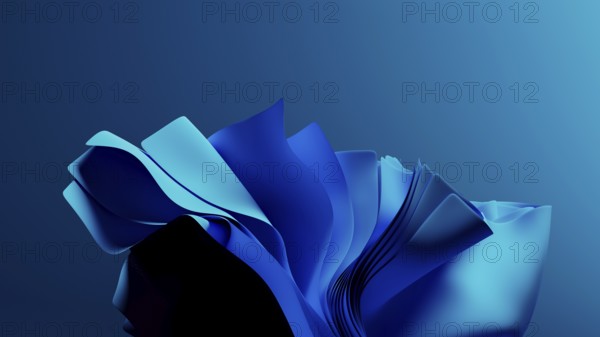 Smooth, flowing blue waves form an abstract background, resembling a digital landscape. The design evokes a sense of technology and modernity, suitable for various applications