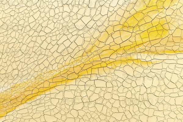 This image showcases a detailed view of cracked soil with a striking golden mud streak, highlighting textures and natural patterns