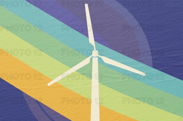 A wind turbine stands tall at an eco-friendly farm, symbolizing the commitment to renewable energy. It contrasts against colorful stripes, emphasizing sustainability