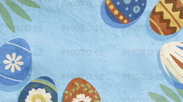 Brightly decorated eggs rest among floral designs, celebrating the arrival of spring. The cheerful colors and patterns evoke a festive mood and seasonal joy