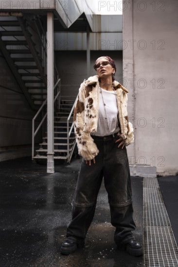 Fashionable woman wearing a trendy fur jacket, sunglasses, and wide-leg pants stands confidently in an urban setting with industrial staircases and a moody atmosphere