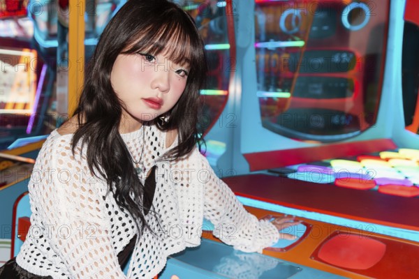 An Asian Gen Z girl enjoys an arcade game, surrounded by colorful lights Her expression and fashion reflect modern youth culture in an exciting indoor setting