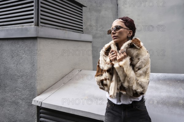 Stylish woman poses confidently in faux fur coat and sunglasses in an urban setting. Modern jewelry and edgy hairstyle add to the fashionable, sophisticated look