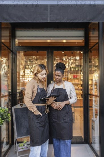 Two employees wearing aprons stand outside a cosmetics store, discussing inventory on a tablet. The welcoming store entrance reflects a friendly retail environment