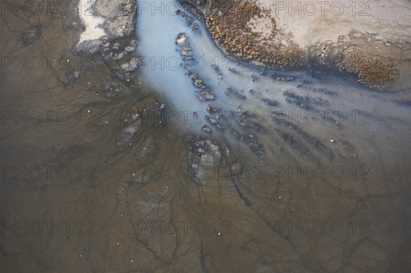A detailed aerial shot of a lagoon in Toledo, Spain, displaying muddy textures and branching water channels. The natural design of sediment and water flow creates an intricate, organic pattern