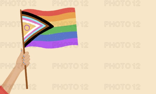 A hand with colorful nails holds an inclusive pride flag against a neutral background. Representing diversity and acceptance, this image captures the spirit of unity and equality