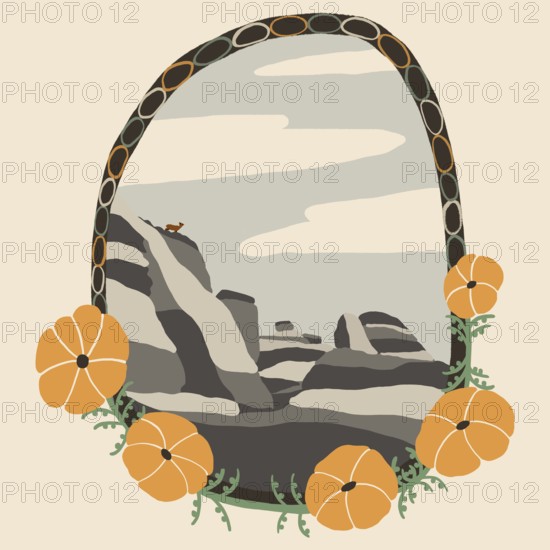 Abstract desert art featuring a stylized animal on rocky terrain, surrounded by a decorative frame with orange flowers. Perfect for nature and art lovers