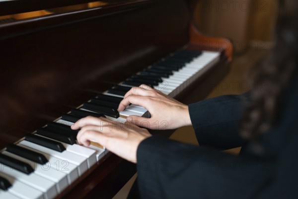 Close-up of a pianist's hands skillfully playing the piano, creating a serene and harmonious atmosphere Perfect for themes of music, artistry, and creativity