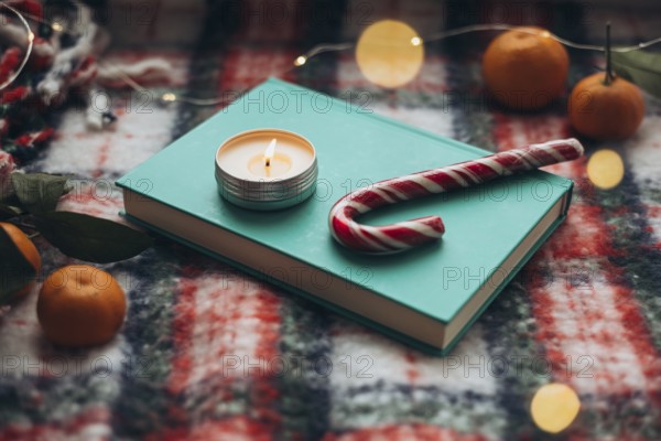 Cozy Christmas setting featuring a lit candle on a teal book, candy cane, and oranges surrounded by festive decorations