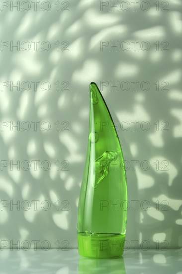 A translucent green aloe vera gel bottle on a white bathroom surface, highlighted by natural leafy shadows