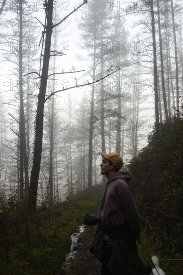 A serene scene of a person in a hoodie walking along a forest trail. Tall trees and fog create a mysterious atmosphere, capturing the essence of a chilly evening walk