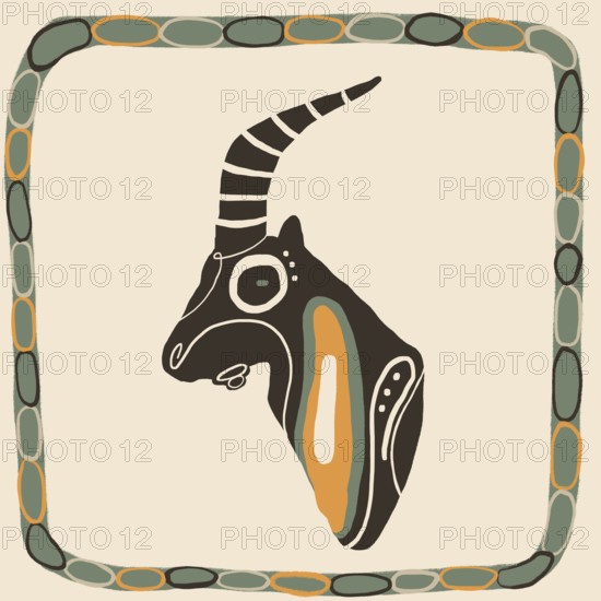 This illustration showcases a stylized neoprimitive animal head, featuring bold lines and vibrant earthy colors. Framed by a geometric border, it evokes a desert theme