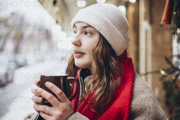 A young woman sips a hot chocolate on a snowy winter day. Dressed warmly in a white beanie and red scarf, she gazes thoughtfully while holding her mug, surrounded by soft bokeh lights and wintry scenes