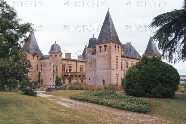 A charming Chateau Caumont castle medieval with tall turrets sits amidst lush greenery and a scenic landscape in the south of france The rustic architecture and natural surroundings evoke a sense of history