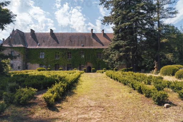 A stunning view of Chateau Polignac in France, surrounded by lush greenery and a neatly lined pathway The ivy-covered facade and serene atmosphere highlight its historic charm