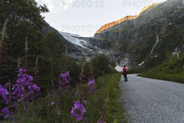 A traveler in a red jacket stands on a scenic mountain path in Norway, surrounded by vibrant wildflowers A majestic glacier and illuminated peaks complete the breathtaking view