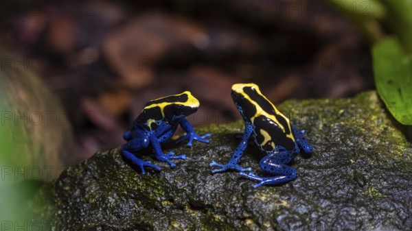 Two dyeing poison dart frogs (Dendrobates tinctorius) displaying vibrant blue and yellow colors, perched on a moistened forest rock
