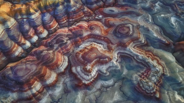 Vibrant aerial image capturing intricate geological patterns. Multicolored layers of rock create an abstract, artistic view, showcasing nature's beauty and complexity