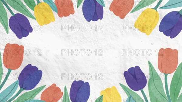 Colorful spring flowers bloom in a circular arrangement, showcasing vibrant tulips and leaves