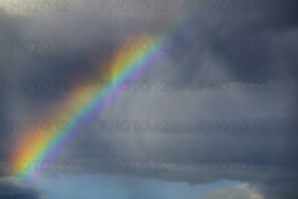 A stunning photograph capturing a vivid rainbow arching over a dark, stormy sky, showcasing the natural beauty of light dispersion