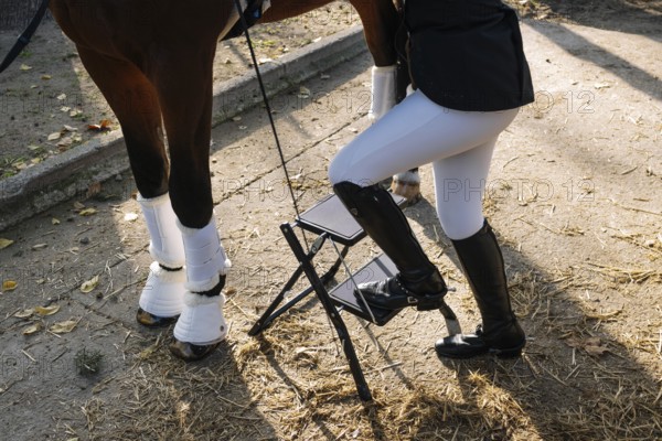 Cropped unrecognizable image of a teenager in classical dressage attire, adjusting a stirrup in preparation for riding a horse. The focus is on the legs, showcasing the detailed riding boots and attire