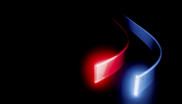 A visually striking 3D render featuring abstract, glowing neon lines in red and blue curving elegantly against a deep black background, creating a sense of motion and energy