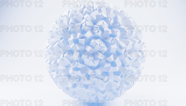 An elegant 3D render showcasing an abstract white geometric sphere composed of numerous irregular cuboid shapes against a soft blue background