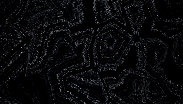 This abstract 3D render features a complex pattern of star-like shapes and swirling lines in monochrome, creating a mesmerizing visual effect