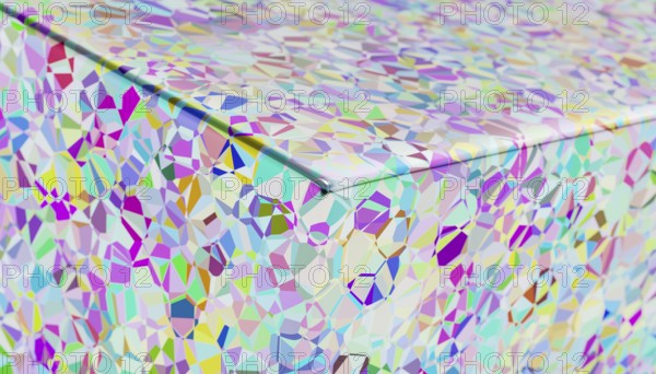 This digital artwork features a mesmerizing array of iridescent geometric patterns rendered in 3D, showcasing a smooth surface adorned with multicolored, sharp-edged shapes, perfect for creative or technological backgrounds